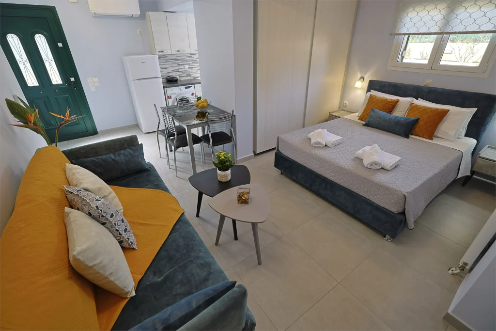 Open-plan interior at Strelitzia Studio in Karavados, Kefalonia